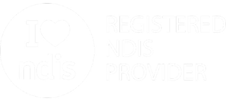 Logo with a heart symbol and the text "I ♥ ndis" inside a circle, next to the words "REGISTERED NDIS PROVIDER".