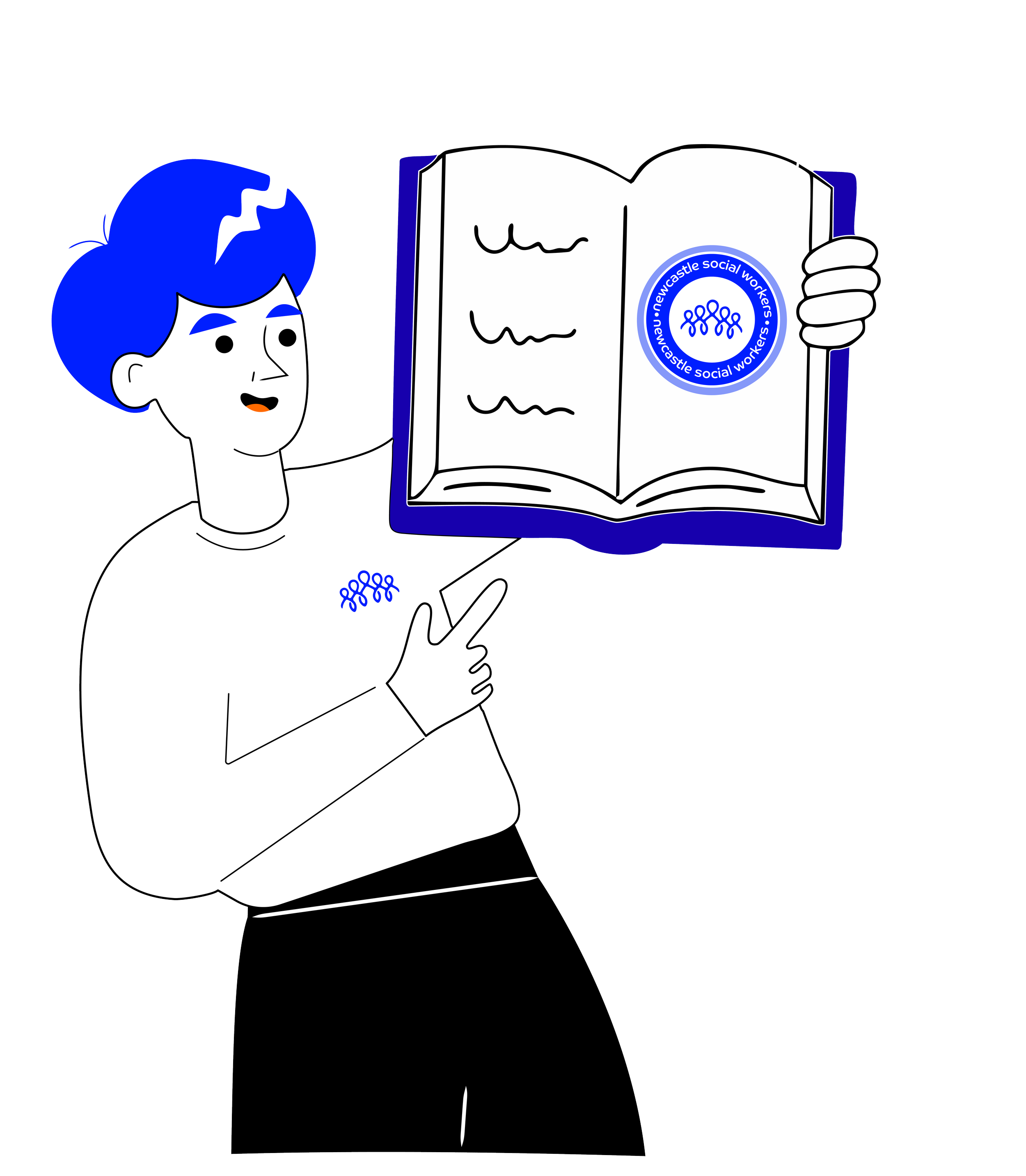 A cartoon person with blue hair holding an open book titled 'Newcastle social workers' with a blue logo on the cover, surrounded by question marks.