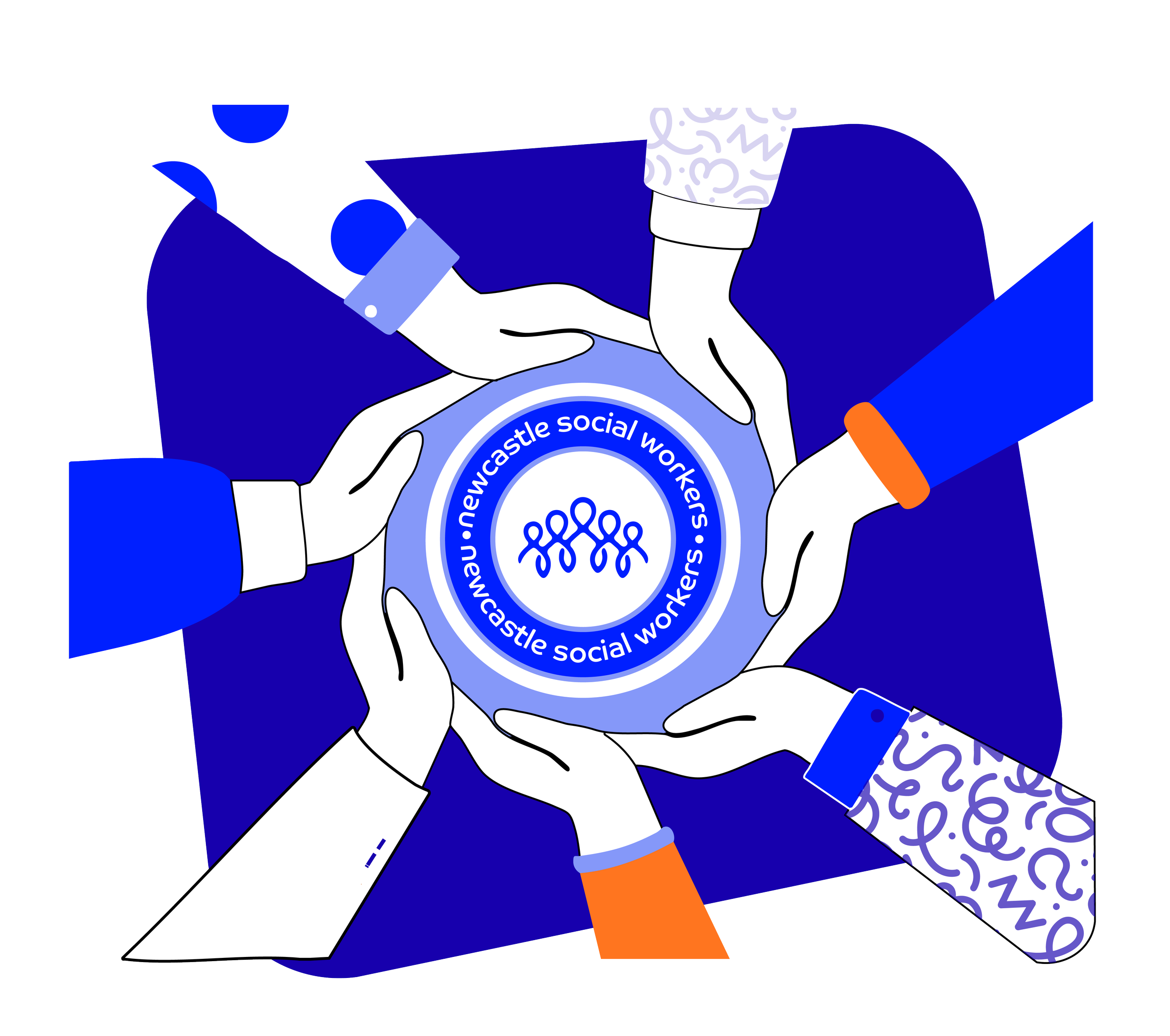 Illustration of two hands exchanging a blue and white badge with the text 'Newcastle social workers'.