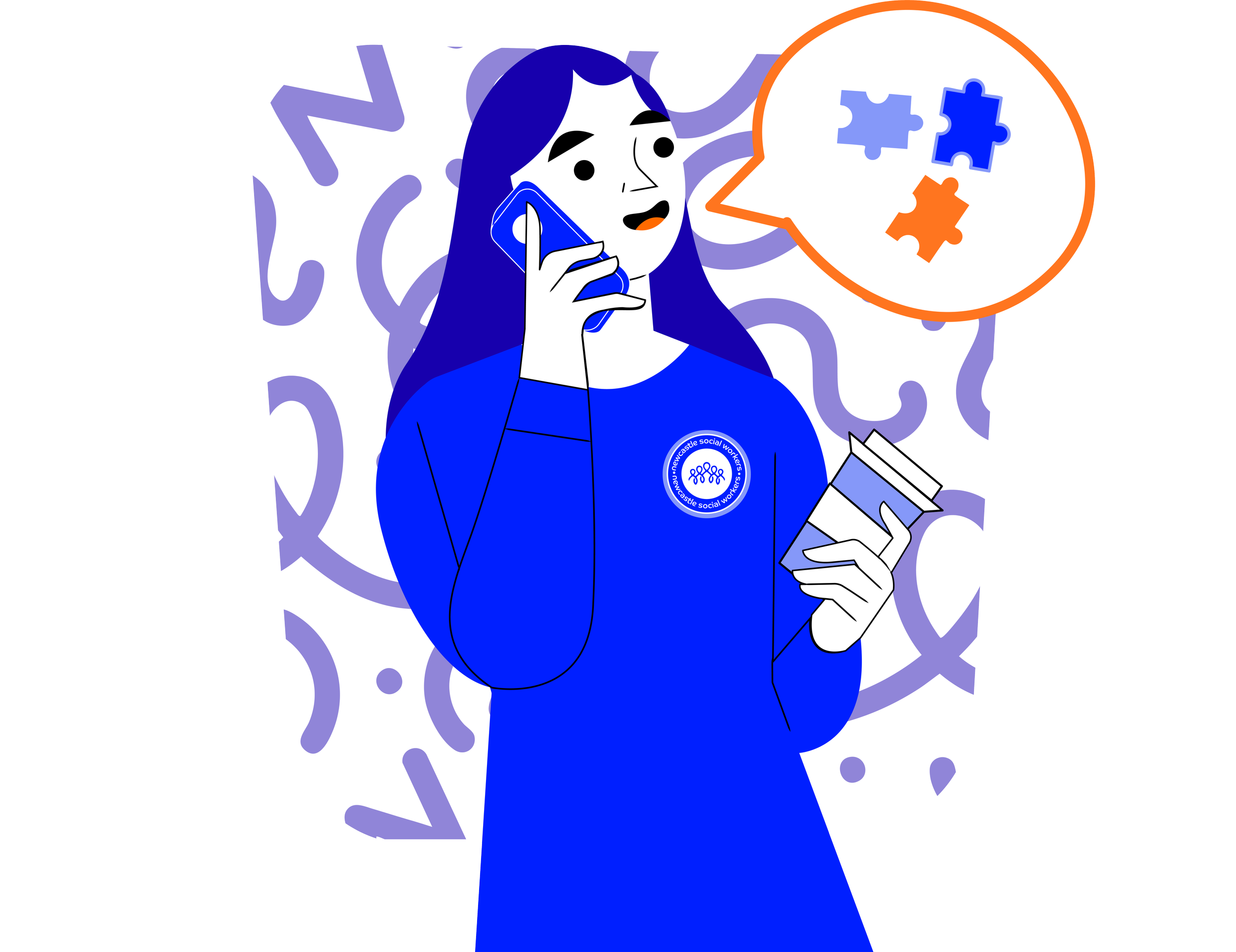 An illustration of a woman with blue hair wearing a blue jacket with a logo, talking on a blue phone, and holding a notebook. She is surrounded by purple abstract shapes and a speech bubble with puzzle pieces.