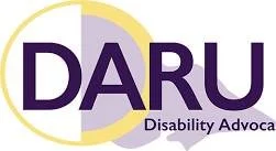 Logo for DARU Disability Advocates with purple text and a circular design
