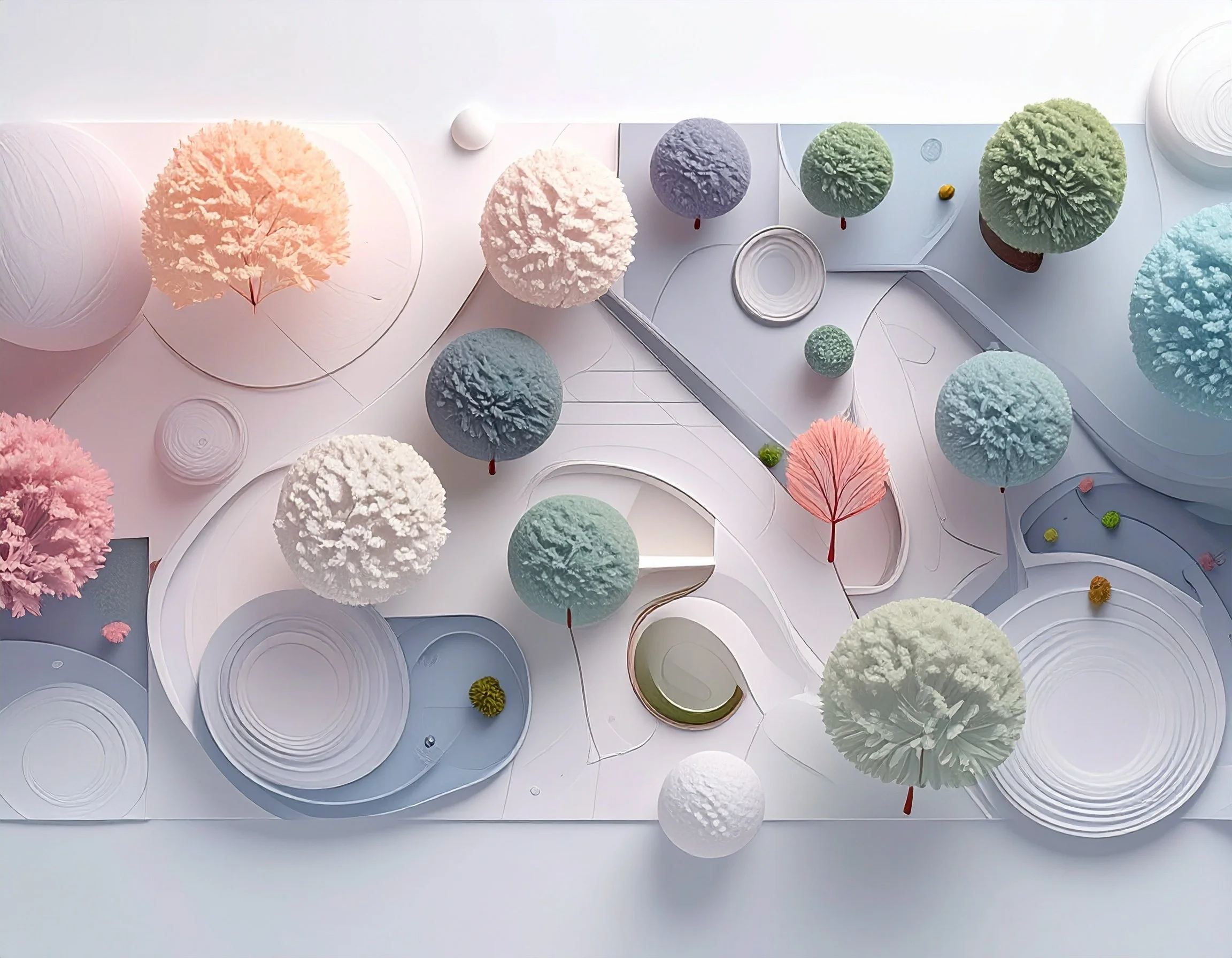 Architectural model of a landscape with stylized trees in pastel colors, pathways, and water features, displayed on a white background.