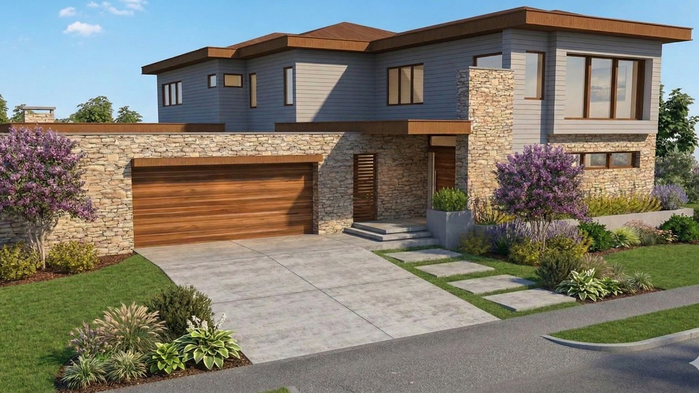 Modern two-story house with stone and wood exterior, attached garage, landscaped front yard with flowering plants and small trees, concrete driveway and pathway, under a clear blue sky.