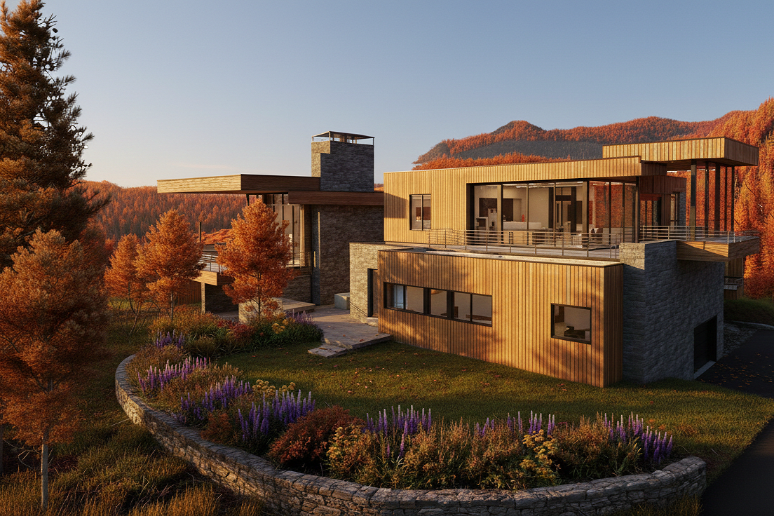 Modern house with large glass windows and a wooden exterior, situated on a hillside with colorful autumn trees and mountains in the background during sunset.
