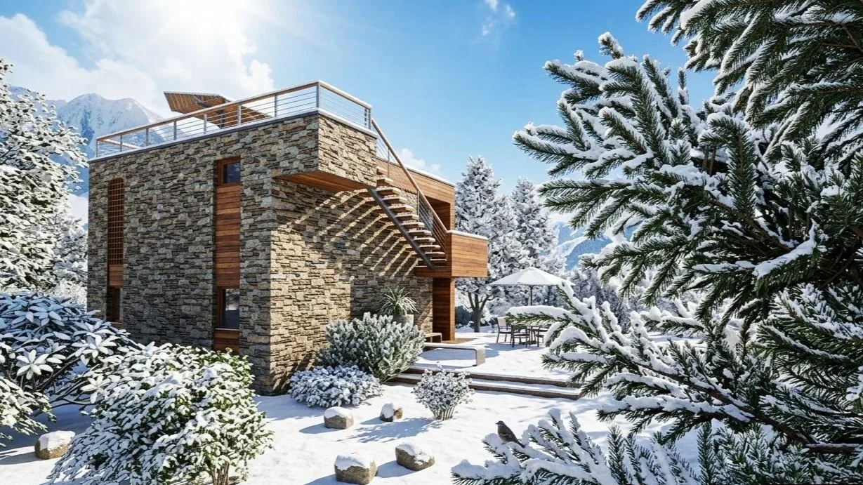 A modern house made of stone and wood with a rooftop deck, surrounded by snow-covered trees and plants, with a patio area including an outdoor dining set with an umbrella and a bench.
