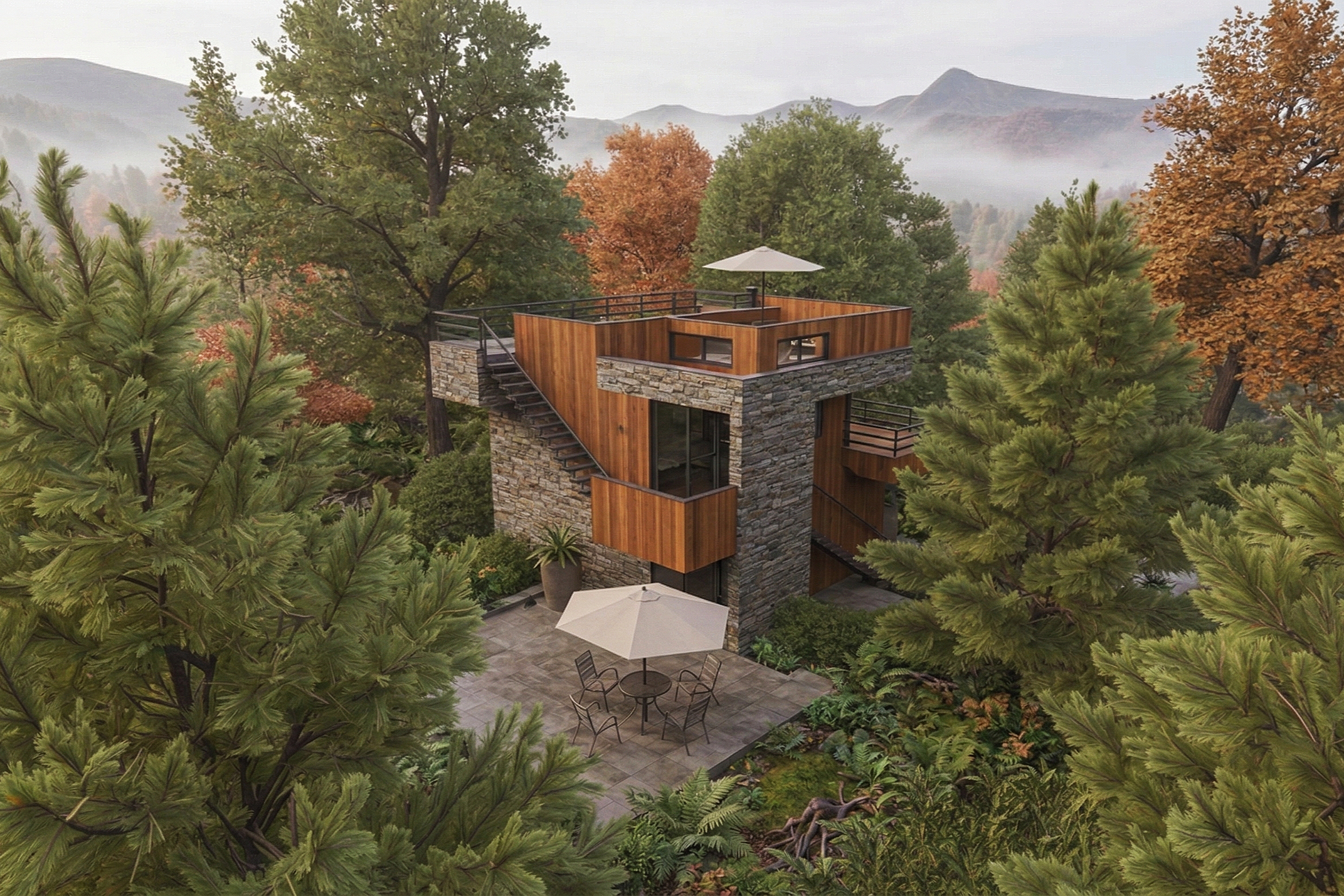 A modern multi-story house made of stone and wood, nestled among trees with autumn foliage, featuring a rooftop patio with an umbrella and outdoor seating, set in a mountainous landscape.