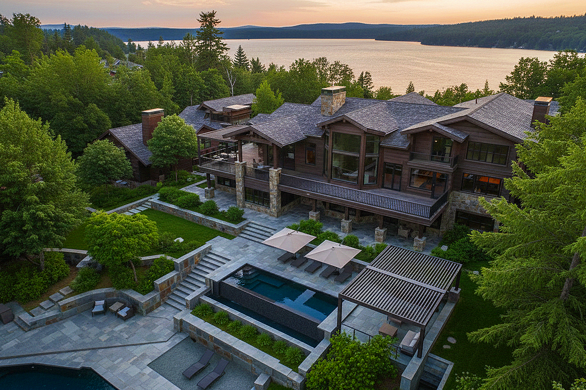 A large modern house with a spacious backyard featuring a swimming pool, hot tub, and lounge areas, surrounded by lush green trees and overlooking a lake during sunset.