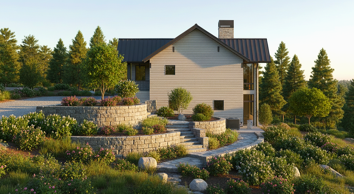 A house with a sloped roof surrounded by landscaped garden at sunset