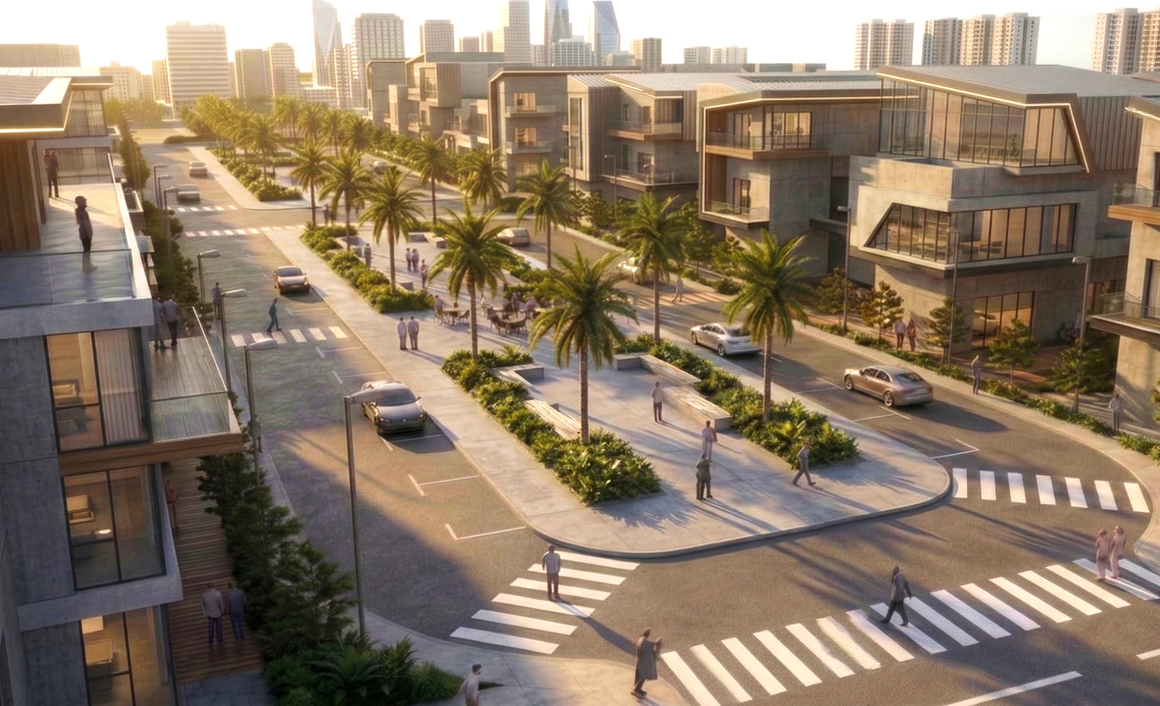 Modern residential complex with contemporary architecture, palm trees, and a central landscaped area with benches, surrounded by roads with parked and moving cars, and pedestrians crossing streets.
