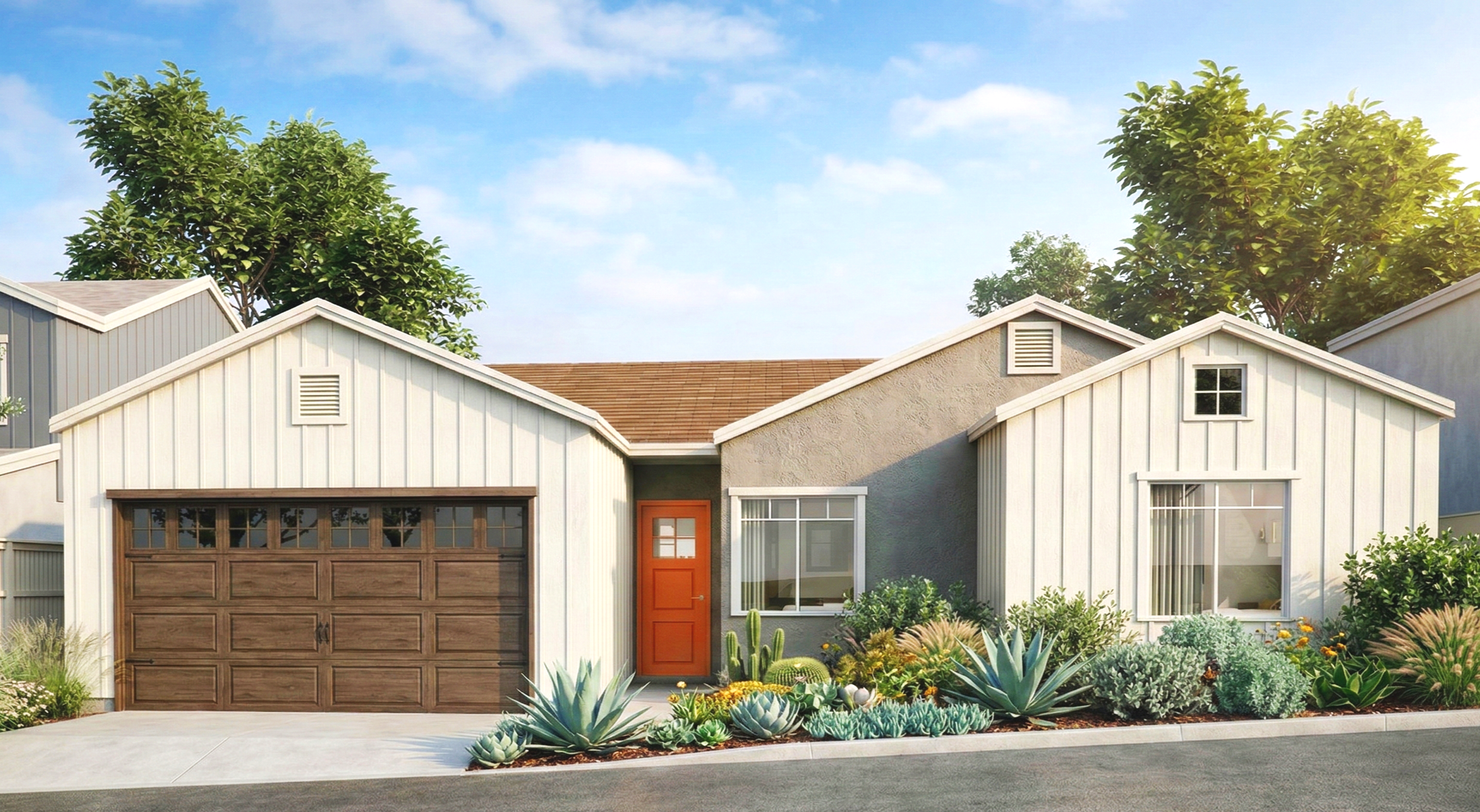 Front view of a modern house with a brown garage door, an orange front door, and a landscaped front yard with agave plants and succulents. The house has white siding and a gray wall, with large windows, and is set against a backdrop of green trees an