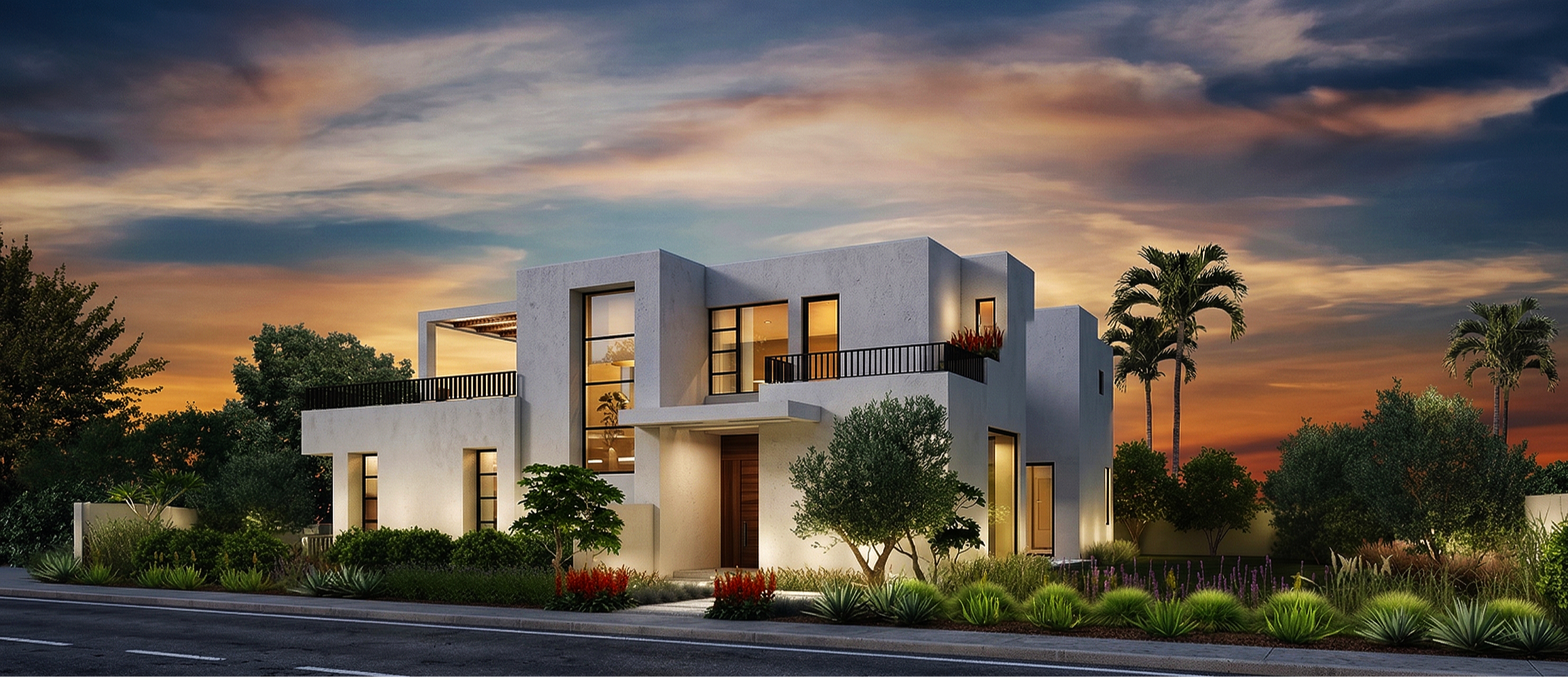 Modern white house with large windows and balcony, surrounded by desert plants and trees, during sunset.
