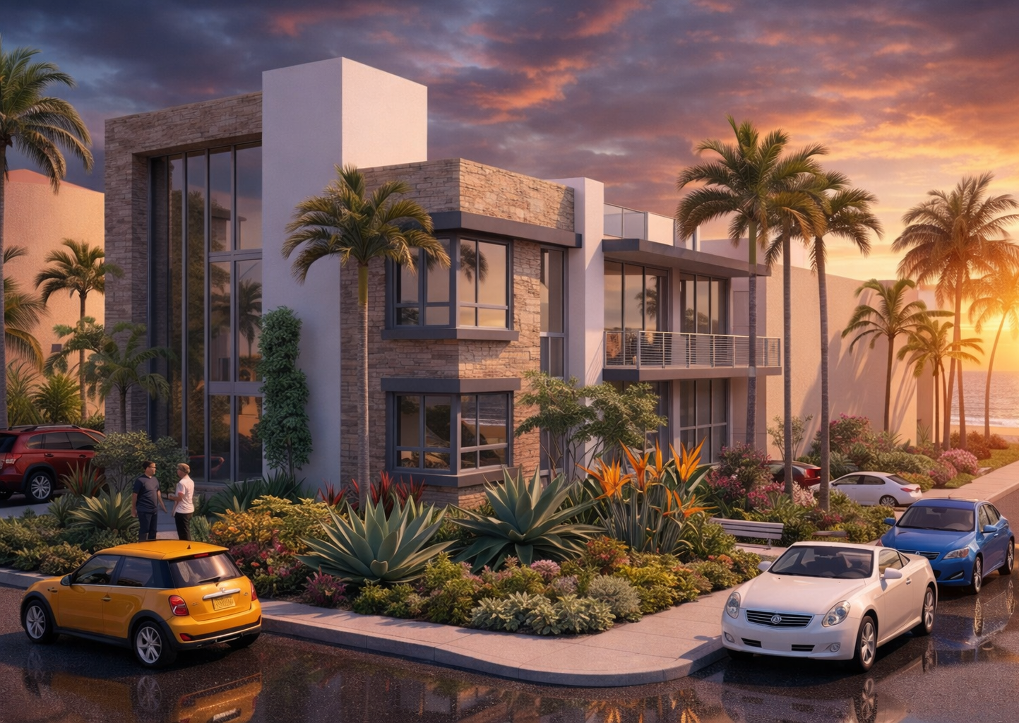 Modern residential building with large glass windows, palm trees, and lush landscaping during sunset, with cars parked in front.