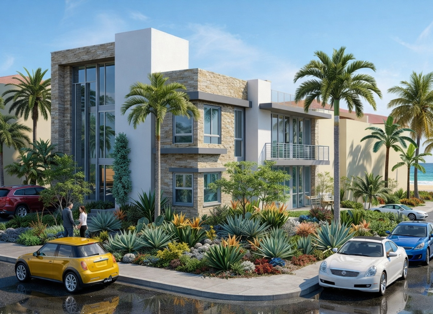 Modern multi-story building with glass windows, surrounded by palm trees and landscaped garden with various desert plants. Four cars parked around the building, and two people standing on the sidewalk having a conversation.