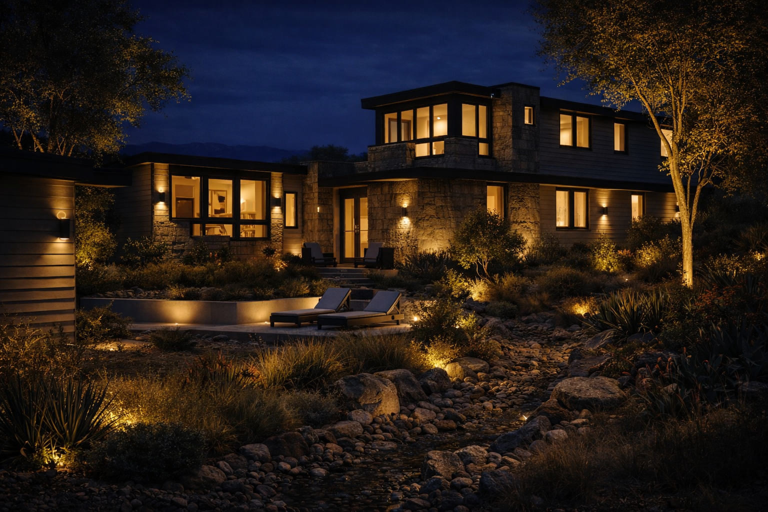 Firefly_gpt-image_render the first image at night with landscape lighting like the second image. Includ 30142.png