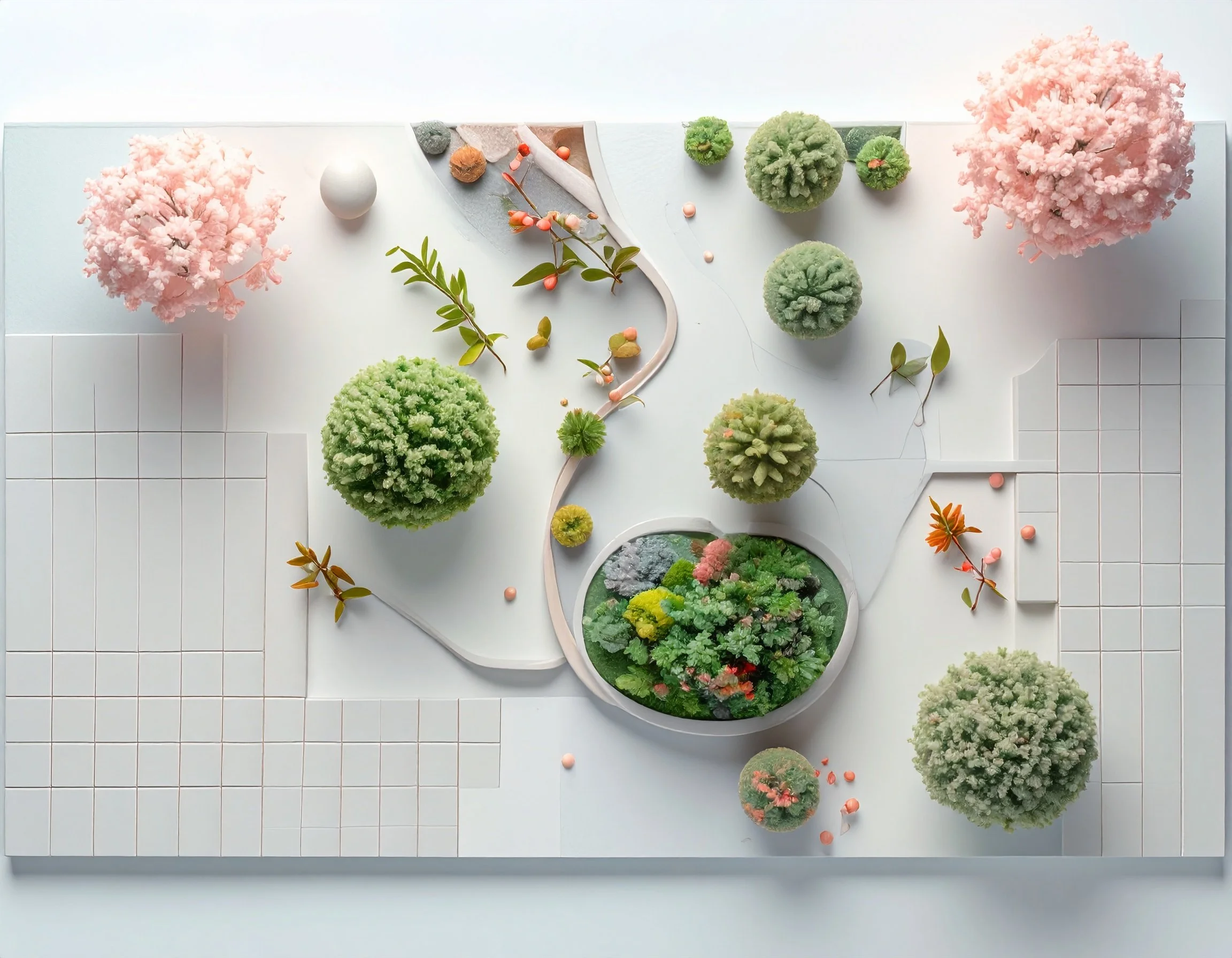 An architectural model with miniature trees, plants, and pathways in a landscaped outdoor space.