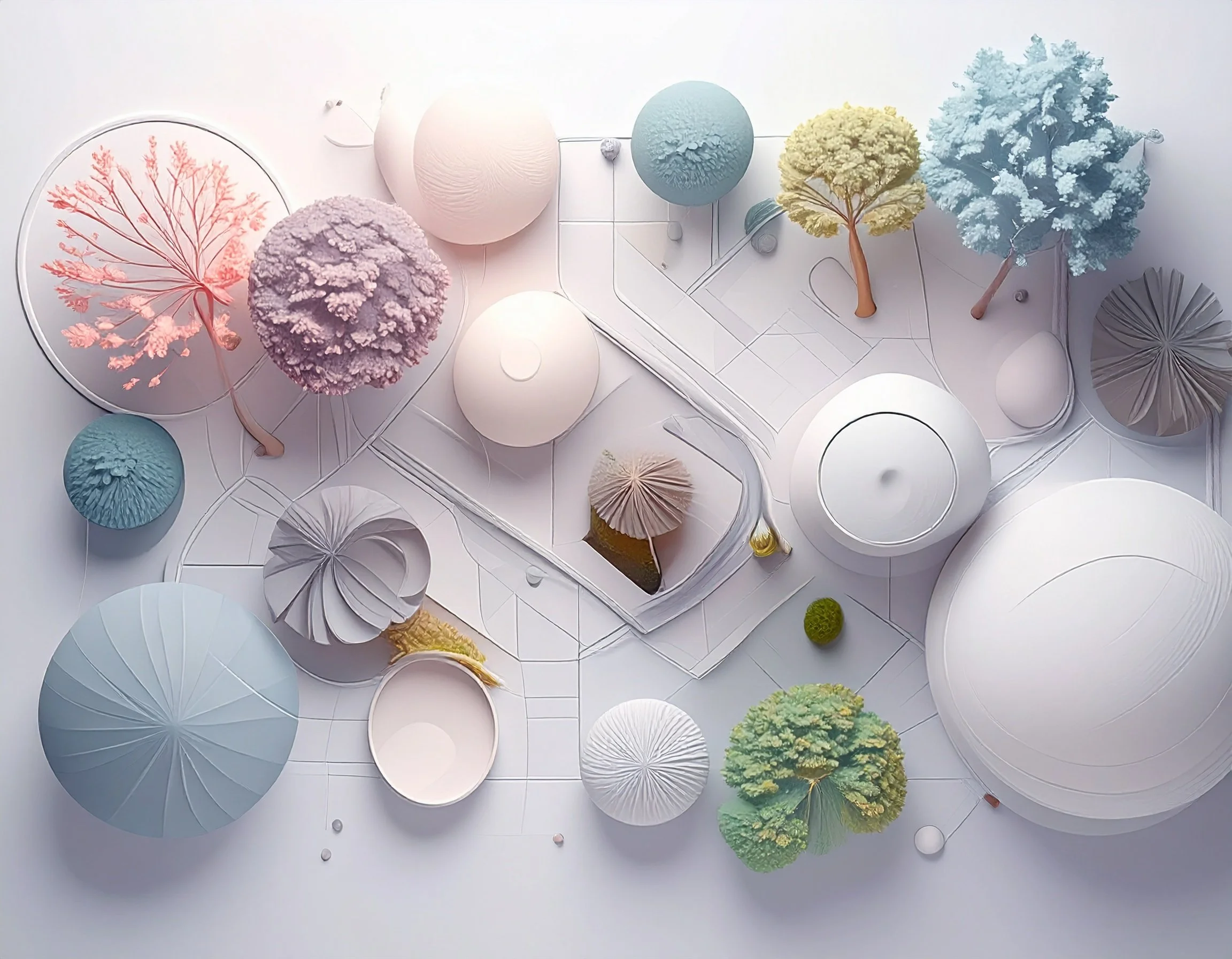 An architectural model of a modern park with trees, pathways, and circular structures in pastel colors.