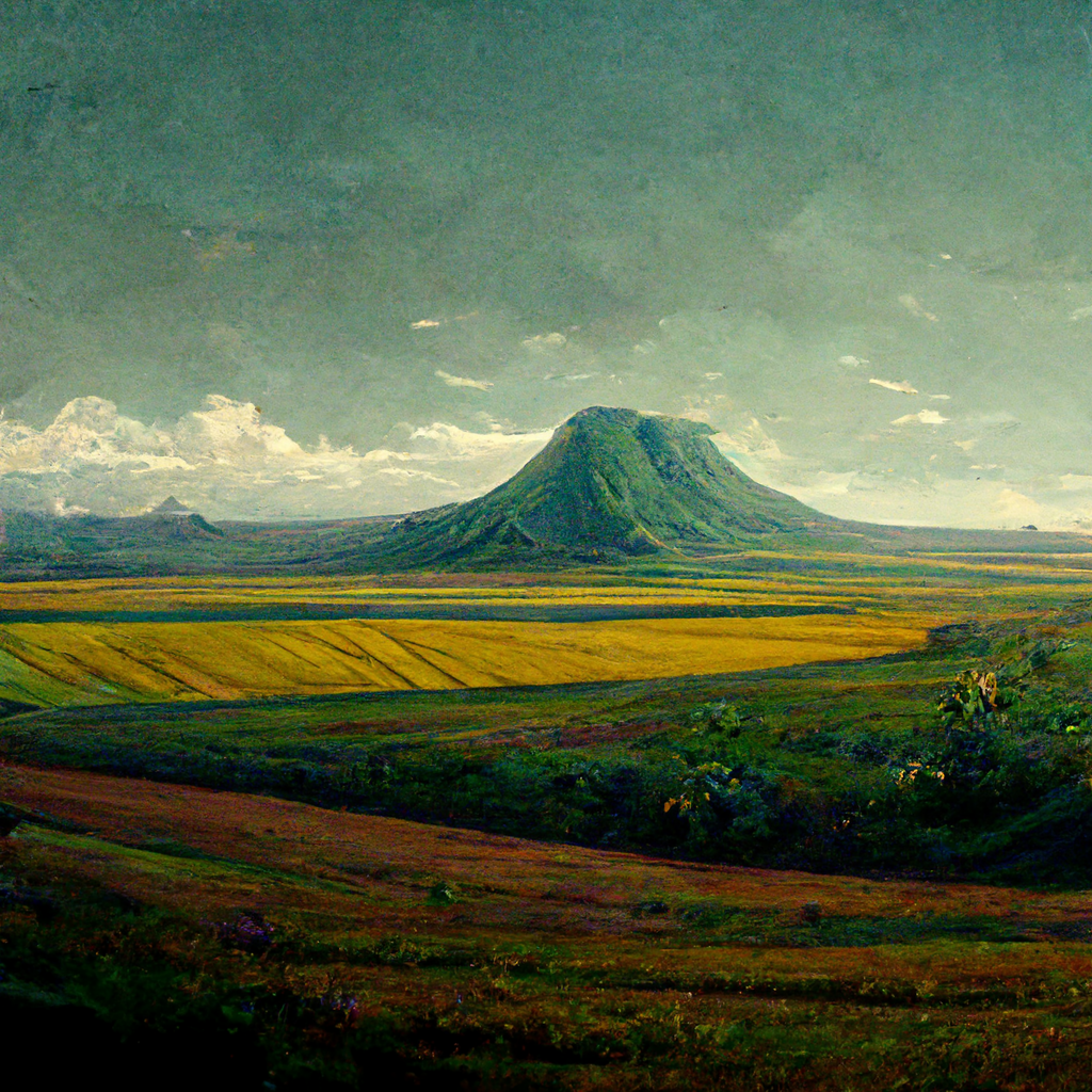 A painting of a volcanic mountain surrounded by green fields and yellow farmland, under a cloudy sky.