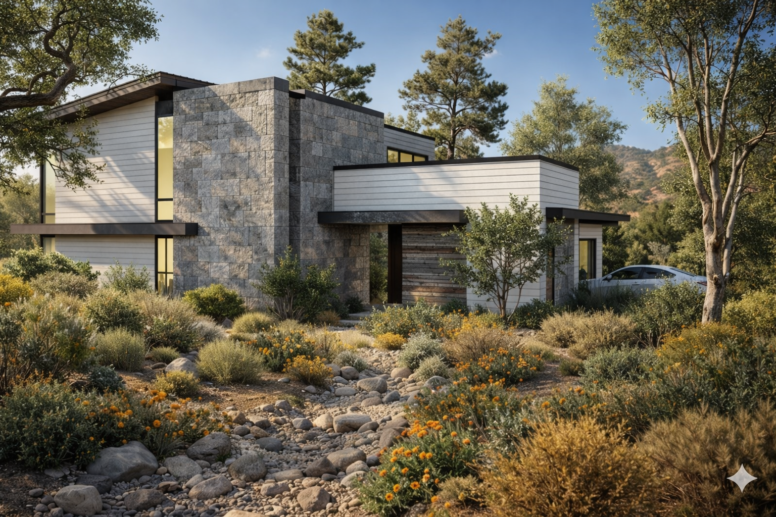 Modern house with stone and white siding exterior, surrounded by desert landscaping including rocks, bushes, and small trees, with mountains and a blue sky in the background.