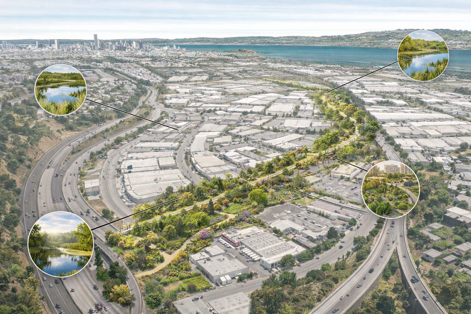 An aerial view of a cityscape with highways, commercial buildings, and green spaces, with zoomed-in circles highlighting lakes and parks