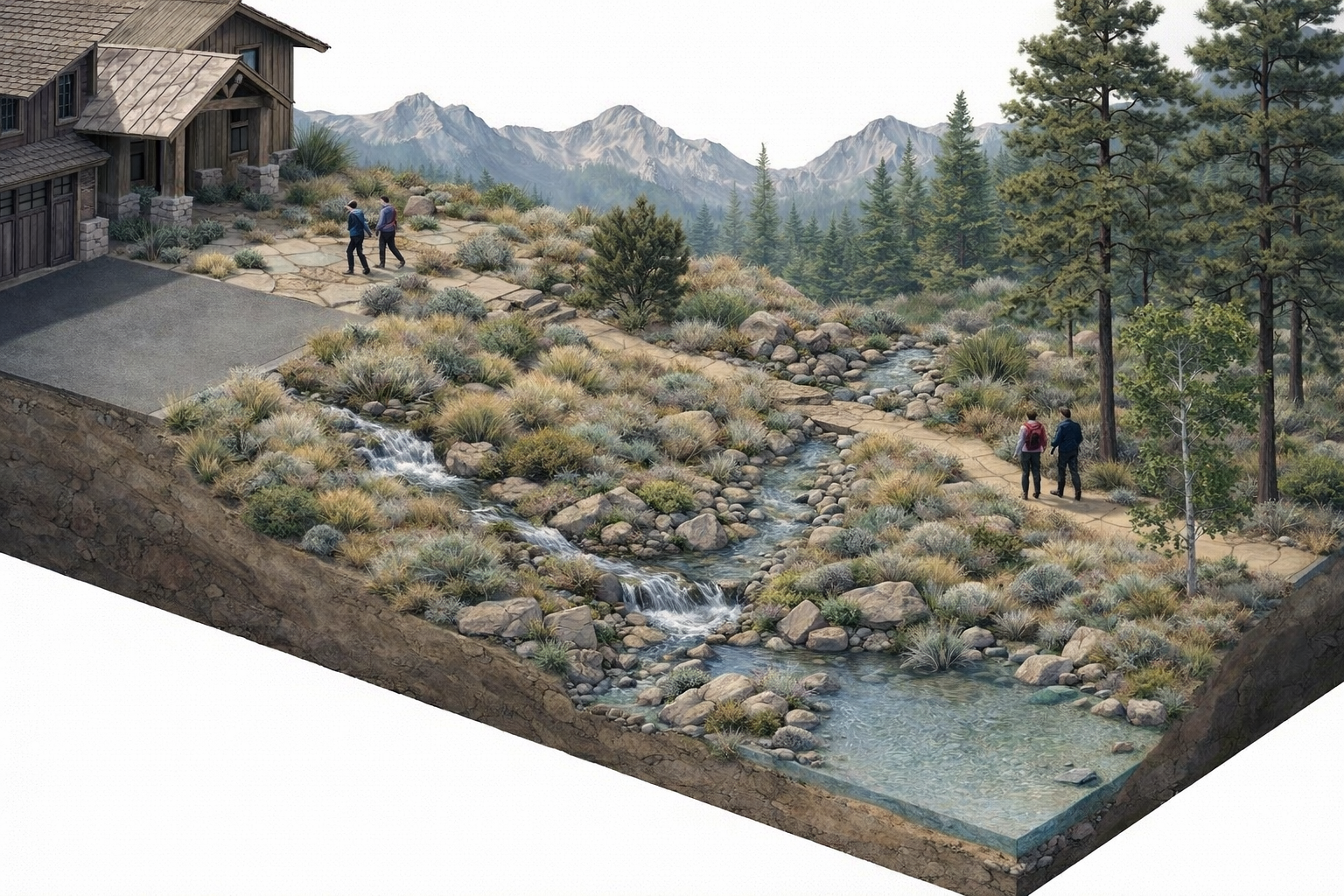 Illustration of a naturalistic landscape with a mountain range, pine trees, a flowing creek, and a mountain house, with six people walking along a trail.