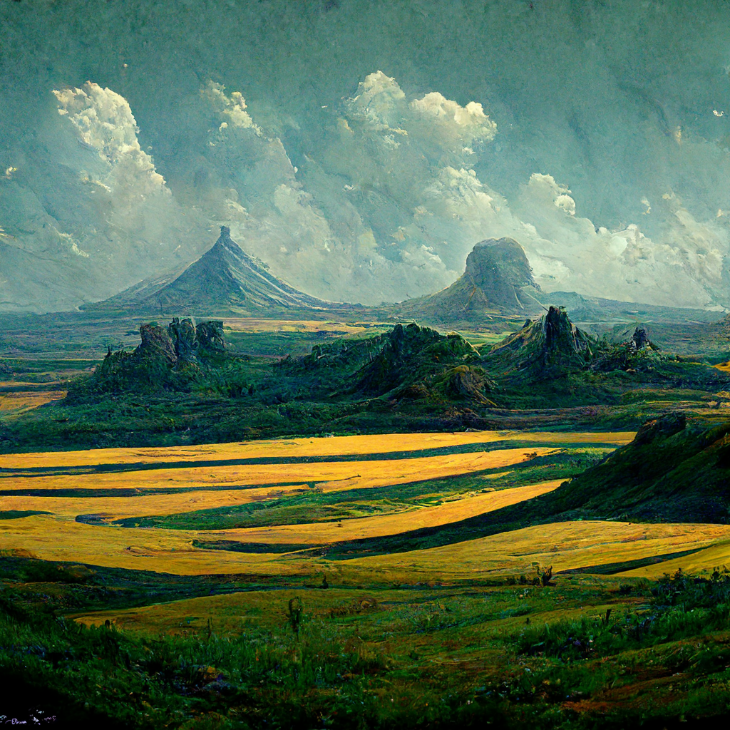 A landscape painting of a vast valley with yellow fields, green patches, and rugged rocky hills in the foreground. In the background, there are tall, volcano-like mountains under a partly cloudy sky.