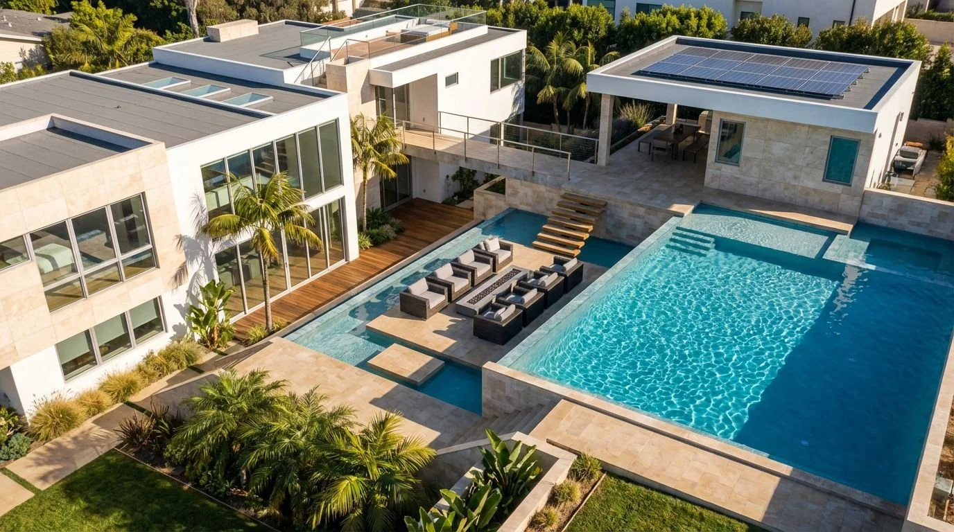 Aerial view of a modern residential complex with a large swimming pool, outdoor seating area, and rooftop solar panels, surrounded by lush greenery.