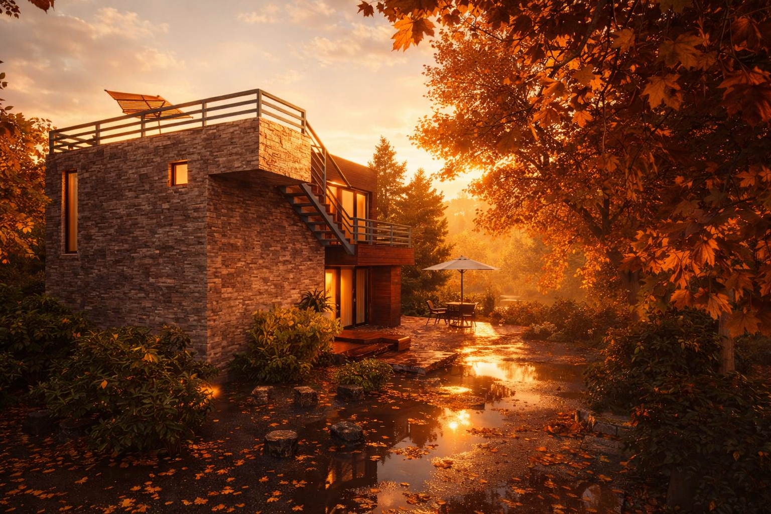 A modern stone house surrounded by autumn trees, with a patio table and umbrella, during sunset.