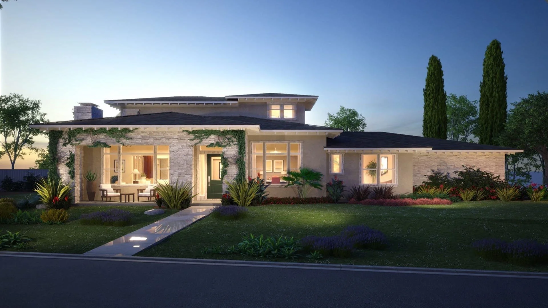 A modern house at dusk with landscaped front yard, lit interior, stone and stucco exterior, surrounded by trees and garden plants.