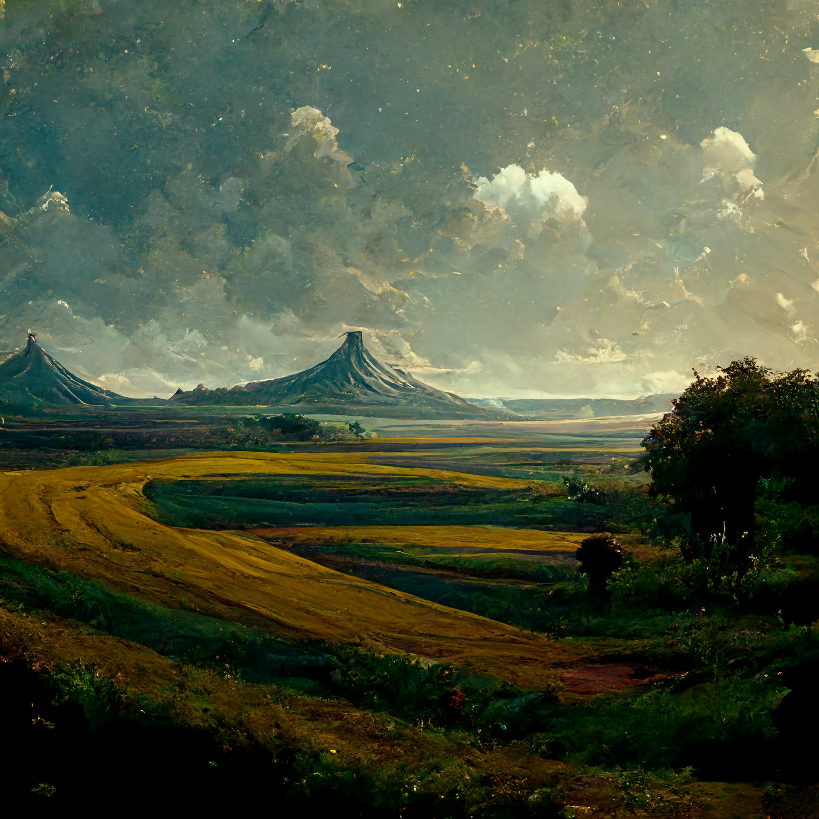 A landscape painting depicting a vast, open plain with rolling fields and two distinct volcanic mountains in the distance under a cloudy sky.