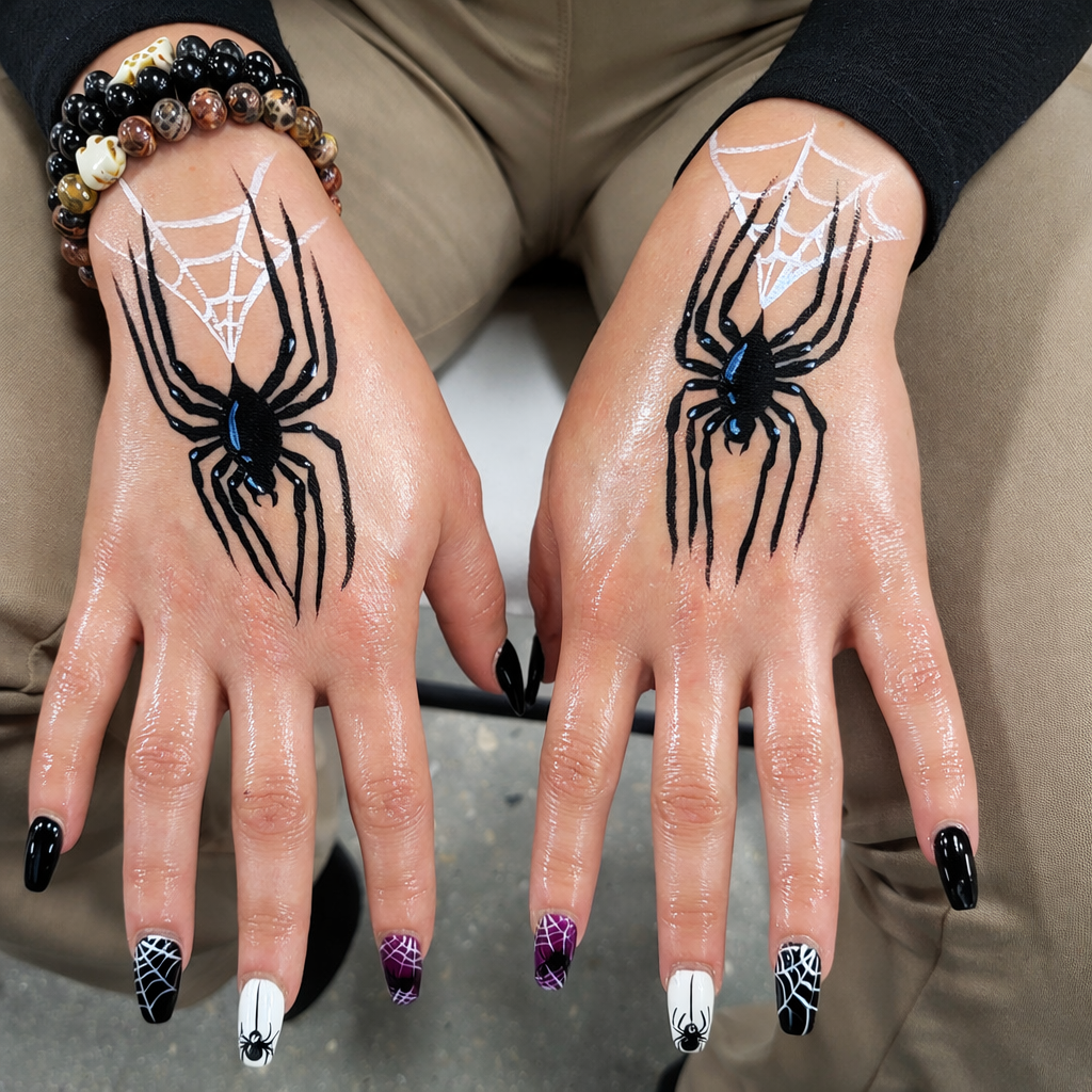On the back of each hand, this woman shows off her spiders and their spider webs! She got them to match her spider nails so this face painting was very fitting for this Halloween party.