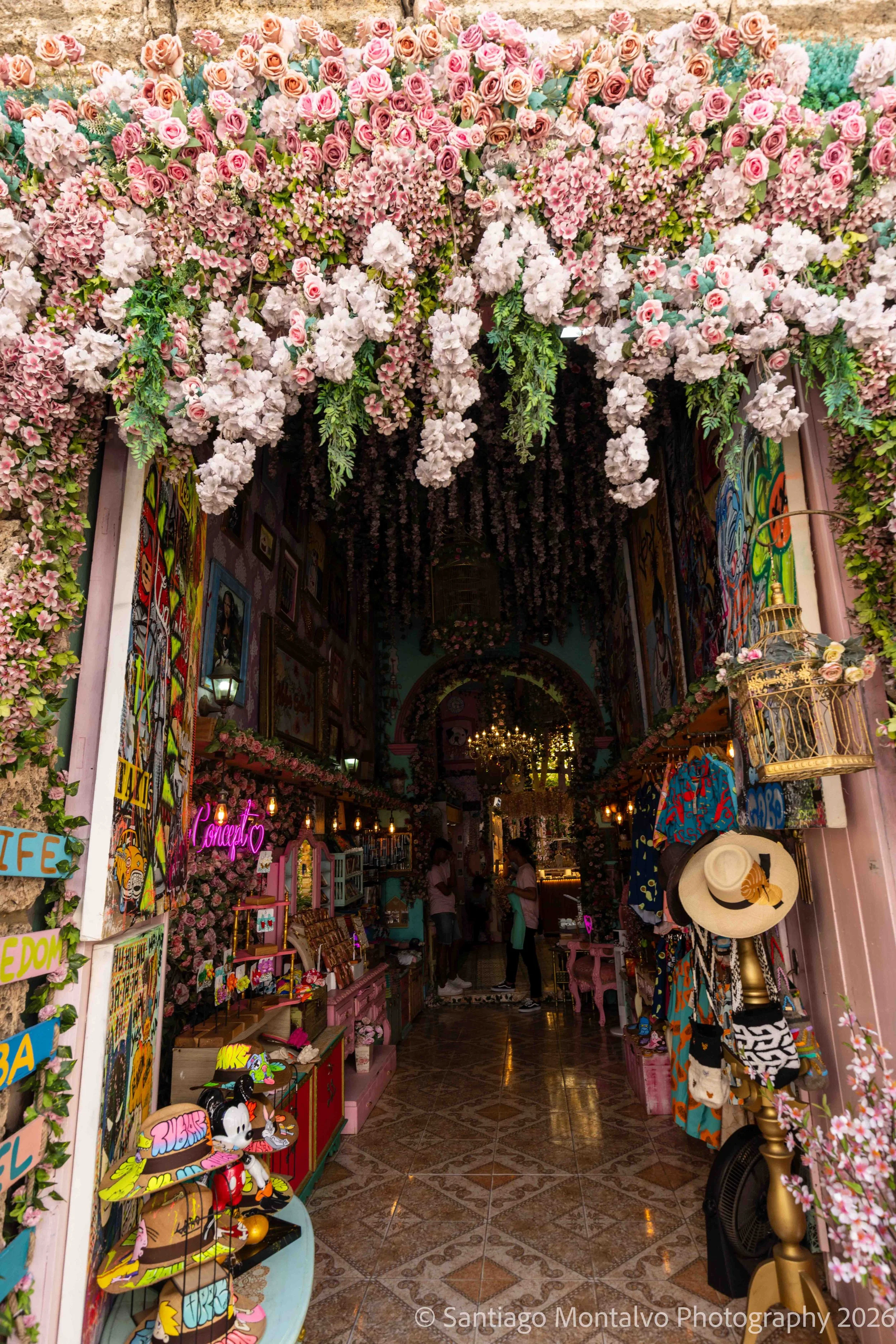 Flowers Along the Street — Cartagena, Colombia. Floral displays and historic architecture create a welcoming corner of the old city.