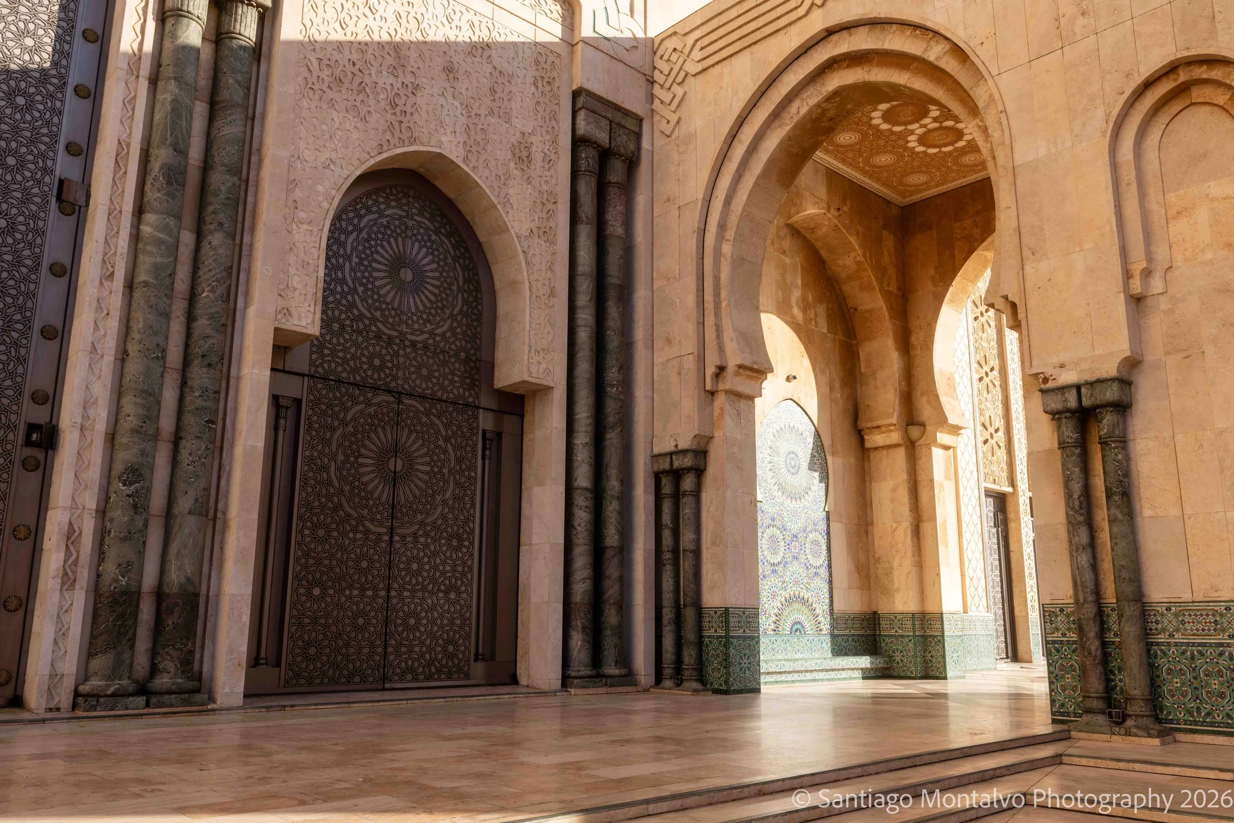 The Geometry of Faith — Casablanca, Morocco. Intricate arches and decorative patterns reveal the elegance of Moroccan Islamic craftsmanship.