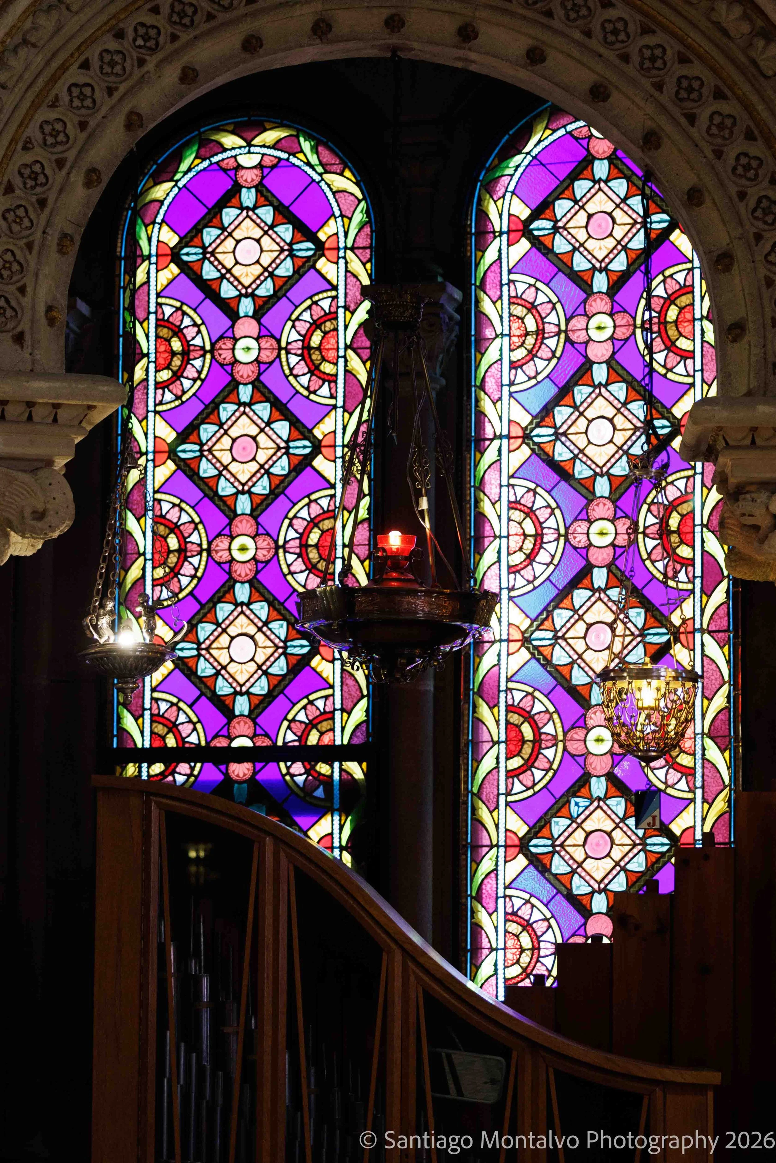 Windows of Color — Montserrat, Spain. Luminous stained glass transforms darkness into delicate color.