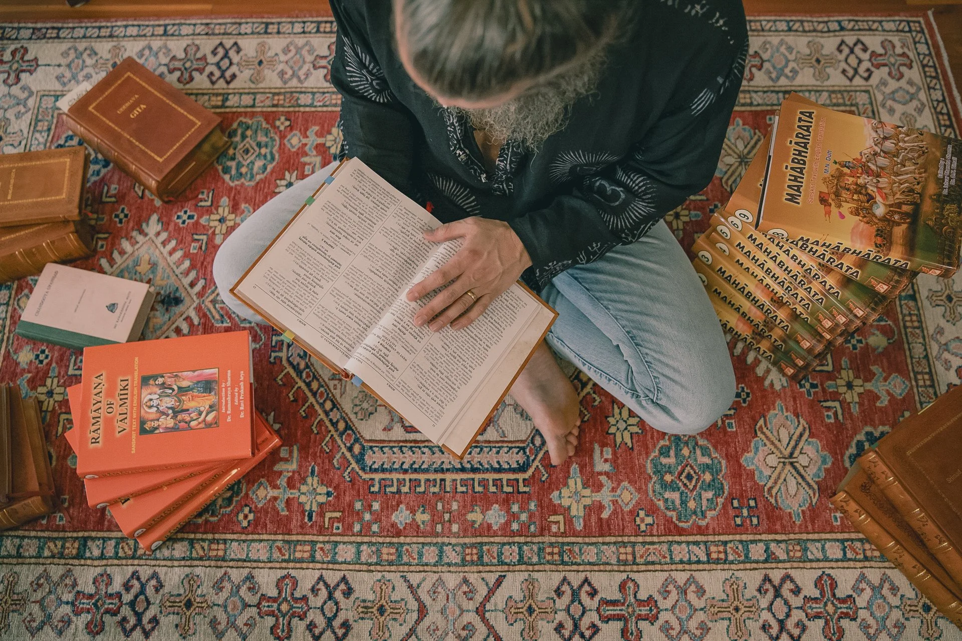 Muni Engel referencing sacred texts, including the Yoga Vasistha of Valmiki, Maharamayana of Valmiki, Mahabharata and Ramayana of Valmiki, during his daily Vedic studies and translation work. People are learning in a Vedic Scripture Study Group