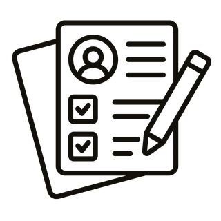 Icons of a resume or application form with a profile picture, checkboxes, and a pen