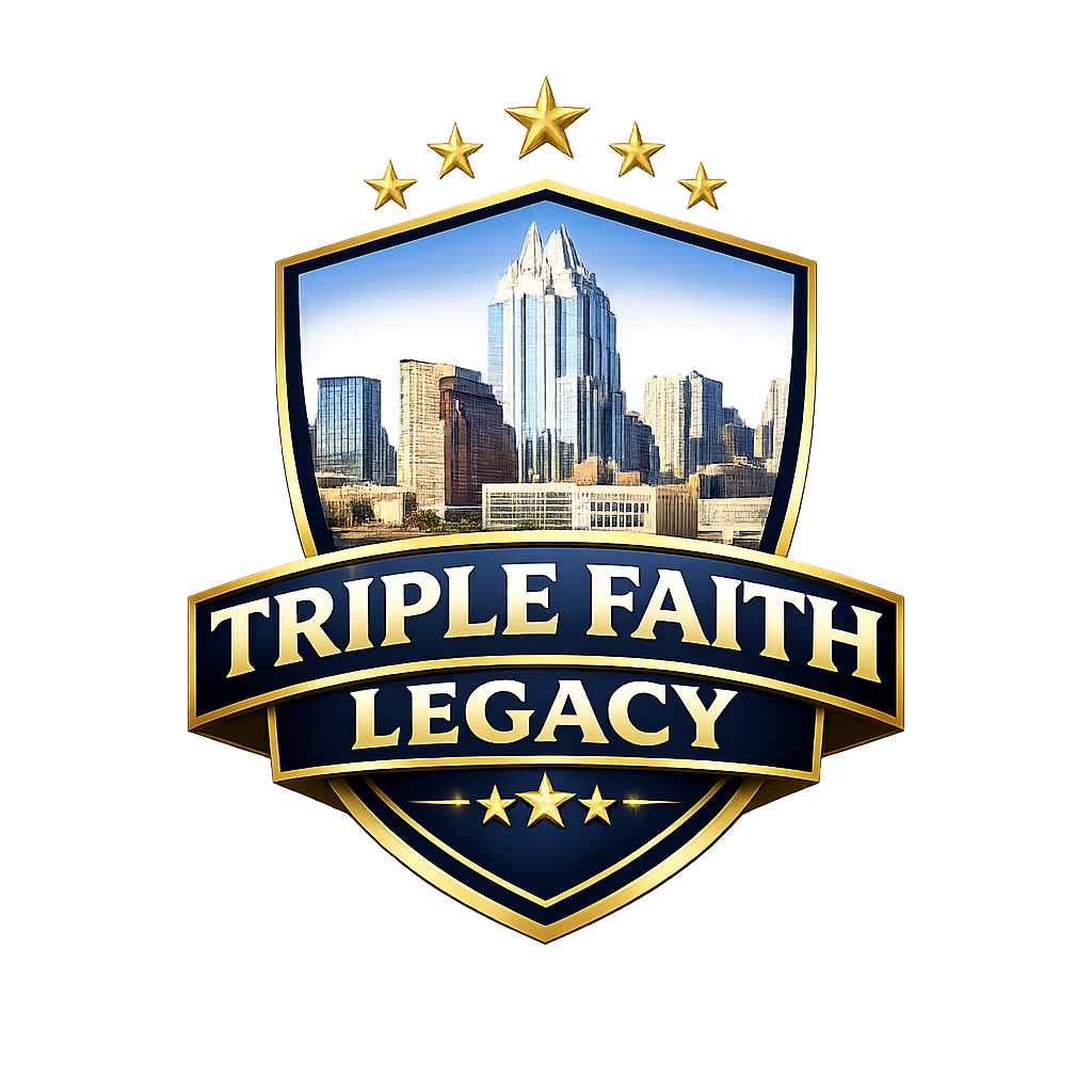 A logo with a cityscape background, featuring skyscrapers, a gold shield outline, and stars at the top. The text on the logo reads 'TRIPLE FAITH LEGACY' with three stars below.