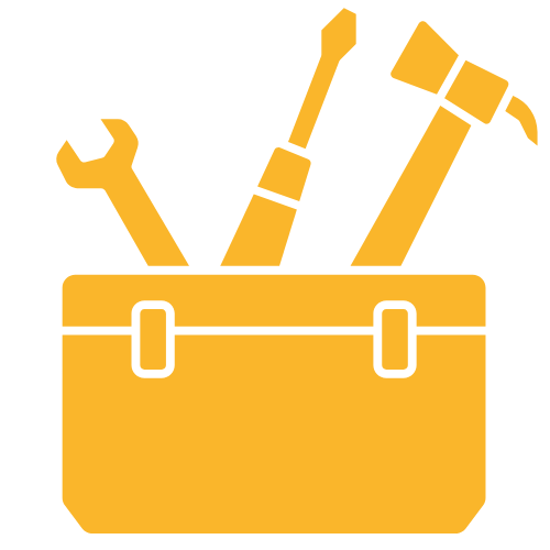 Silhouette of a toolbox filled with a wrench, screwdriver, and hammer, all in yellow.