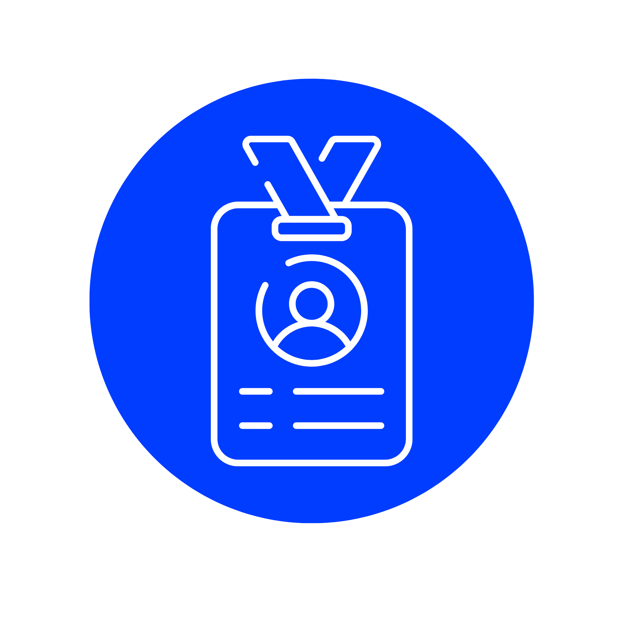 Blue circular background with a white outline of an office badge showing a headshot and mock text.