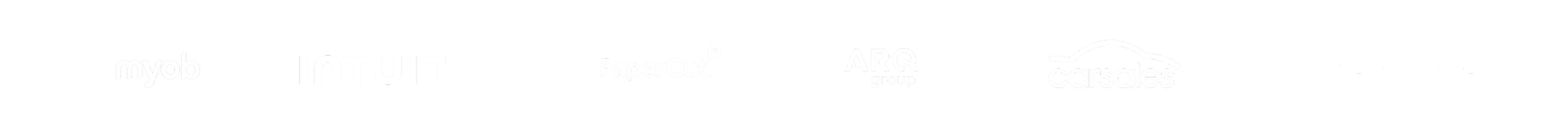 Logos of various financial and business companies including myob, INTUIT, PaperCut, ARQ group, carsales, and others, displayed on a black background.
