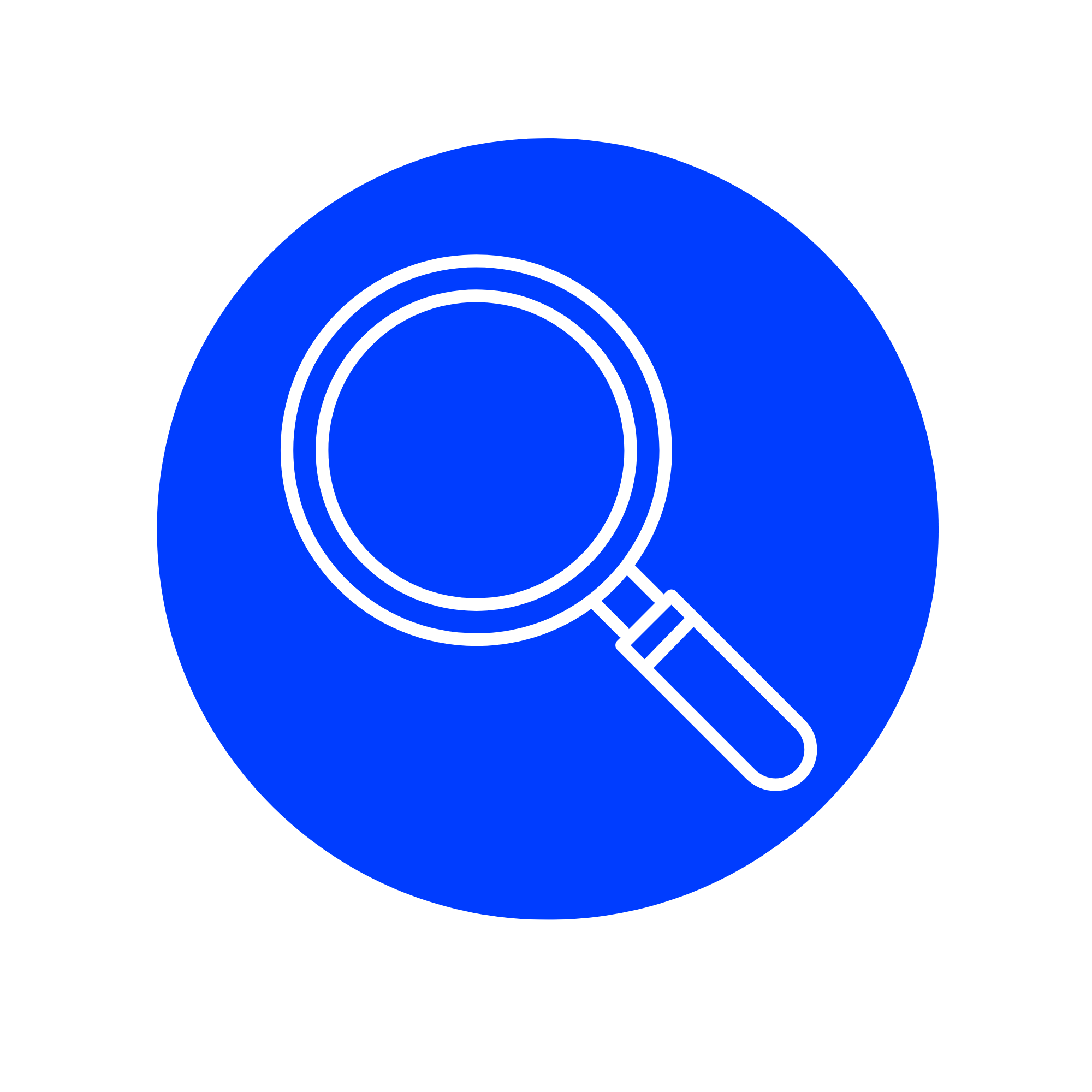 Blue circular icon with a white magnifying glass symbol.