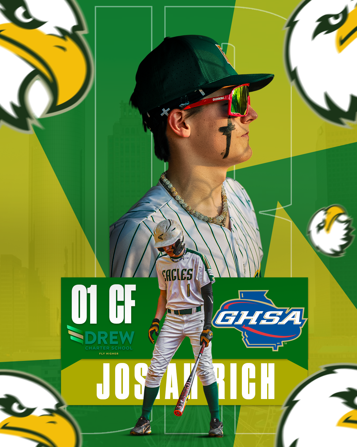Graphic of a high school baseball player with face paint and sunglasses, wearing a white pinstripe uniform and a green cap, in front of a green and yellow background with the Eagles logo, GHSA logo, and text "01 CF Drew Josiah Rich".