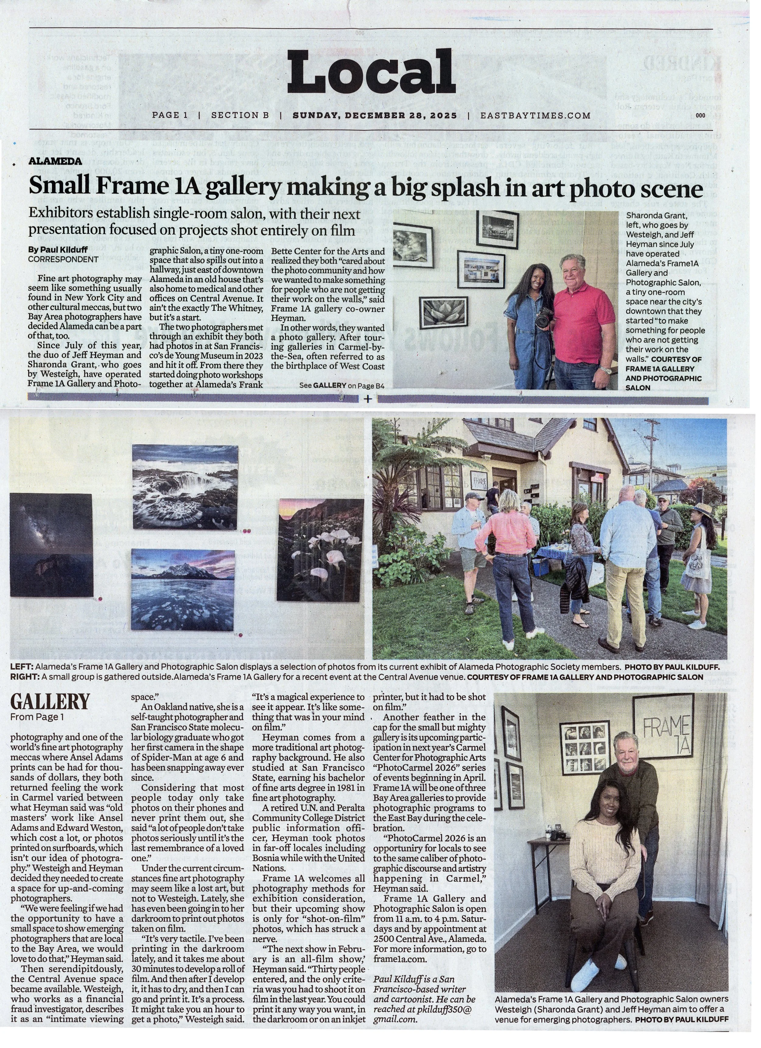Local newspaper page from December 28, 2025, featuring articles about an art gallery showing photography by Alameda Society members, with photographs displayed and a small gathering outside at an event.