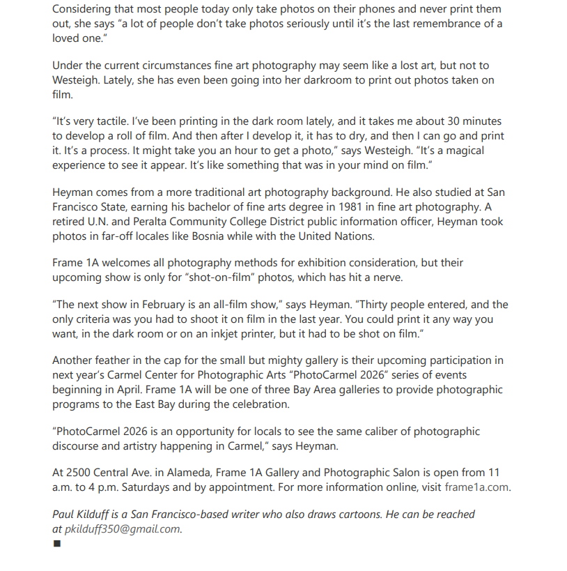 This is a text excerpt discussing fine art photography, photographic methods, and upcoming exhibitions at Frame 1A Gallery, including details about 'shot-on-film' photos, and an upcoming PhotoCarmel 2026 event, with information about the gallery's location and hours.