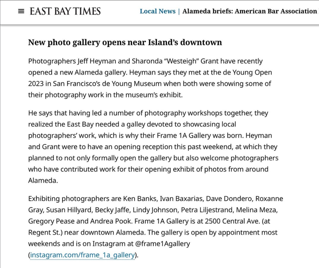 Screenshot of a news article from East Bay Times about the opening of a new photo gallery called Frame 1A Gallery near downtown Alameda, featuring local, emerging and mid career photographers.