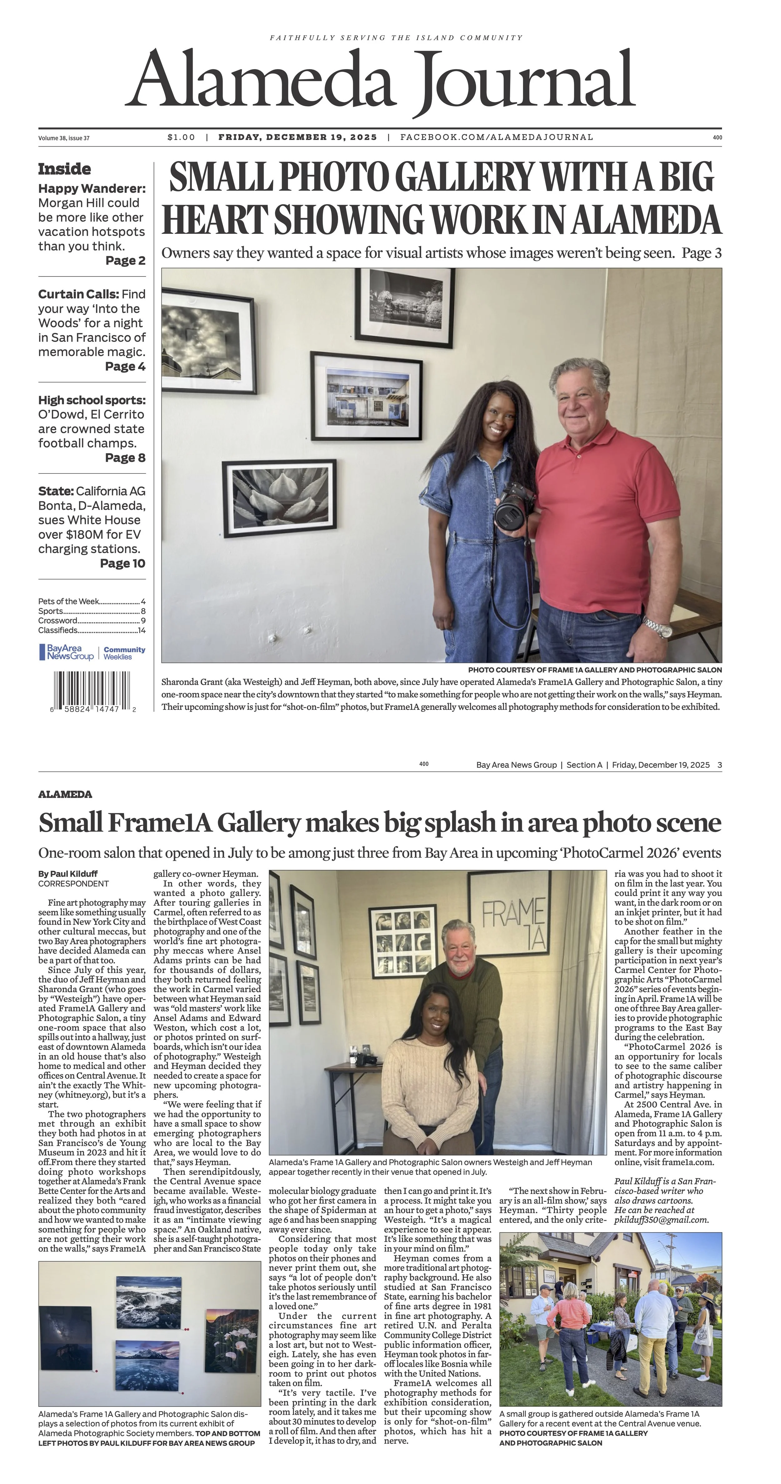 Front page of the Alameda Journal newspaper showing a headline about a small photo gallery with a large heart-shaped photo. The page features two photos: one of two people standing in an art gallery with framed photographs, and another with a group of people outside a gallery.