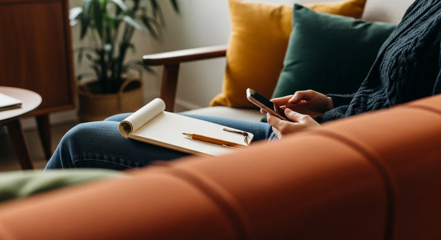 Person sitting on a couch using a smartphone with a notebook and pen on their lap, in a cozy living room setting.