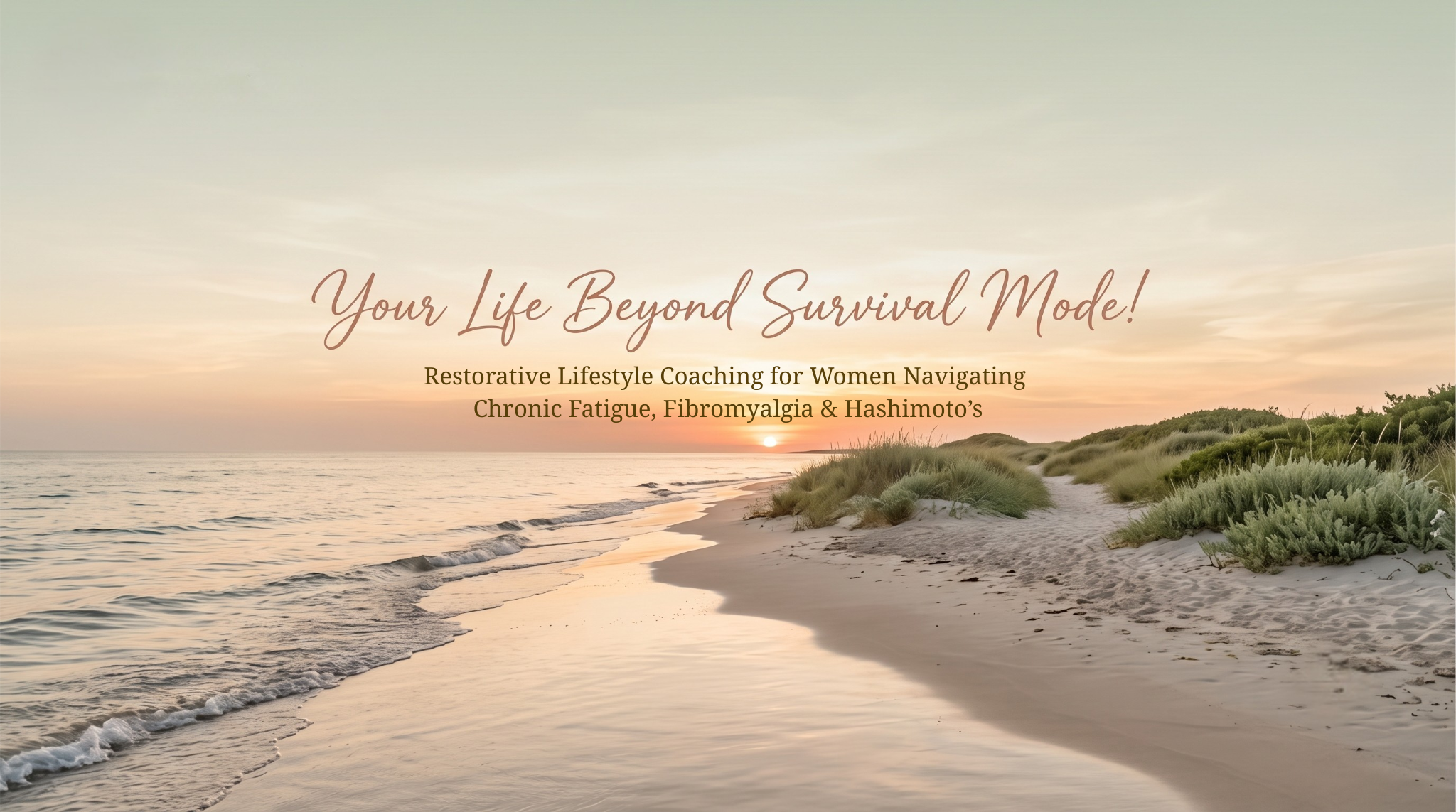 Serene beach sunset path representing restorative health and healing beyond survival mode.