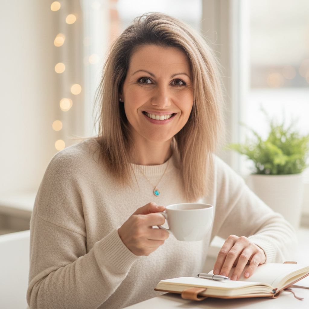 Health Coach Christy Thalassinidis smiling warmly with a coffee cup and journal at her desk