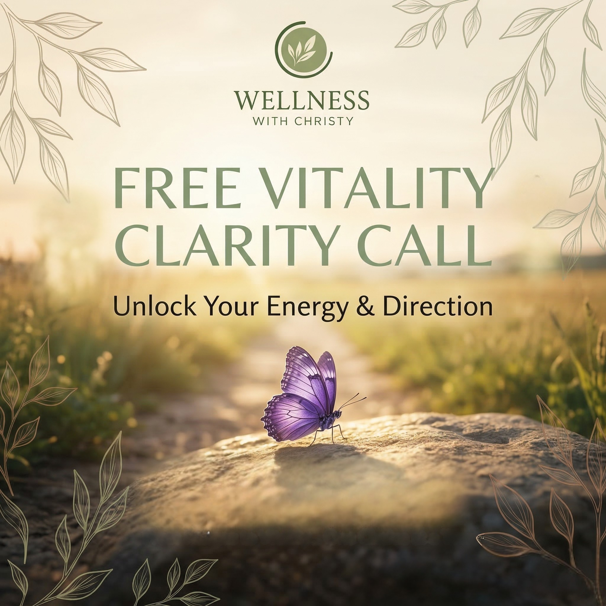 Free Vitality Clarity Call graphic featuring a purple butterfly resting on a rock in a sunny field