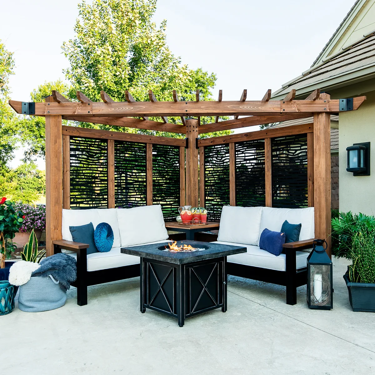 Tuscany Corner Pergola with Conversation Seating - Bamboo Panels